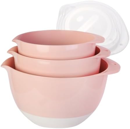 3 Small Mixing Bowls Set with Lids, Pour Spout and TPR Bottom, Plastic Nesting