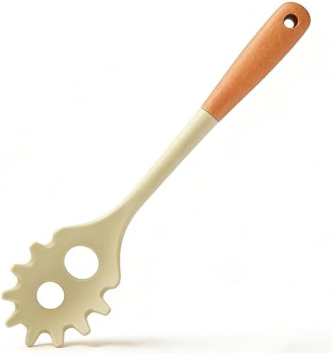Silicone Pasta Spoon for Spaghetti & Noodles, Wooden Handle, Drain Holes