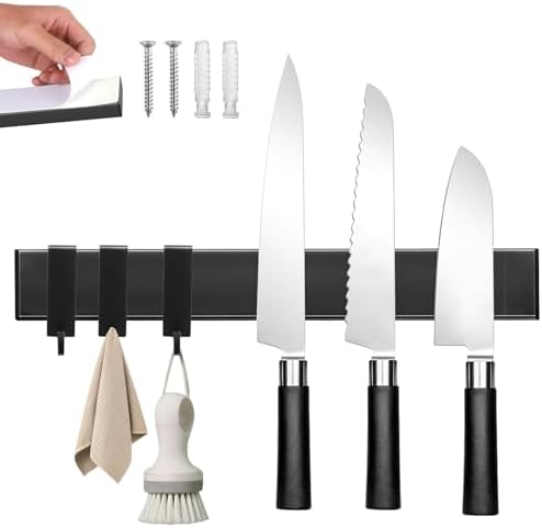 Magnetic Knife Holder With 3 Hooks, 12 Inch Knife Magnetic Strip No Drilling
