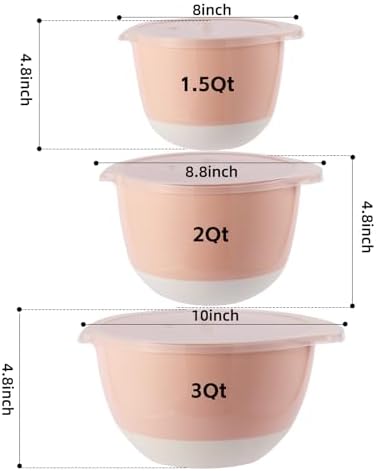 3 Small Mixing Bowls Set with Lids, Pour Spout and TPR Bottom, Plastic Nesting