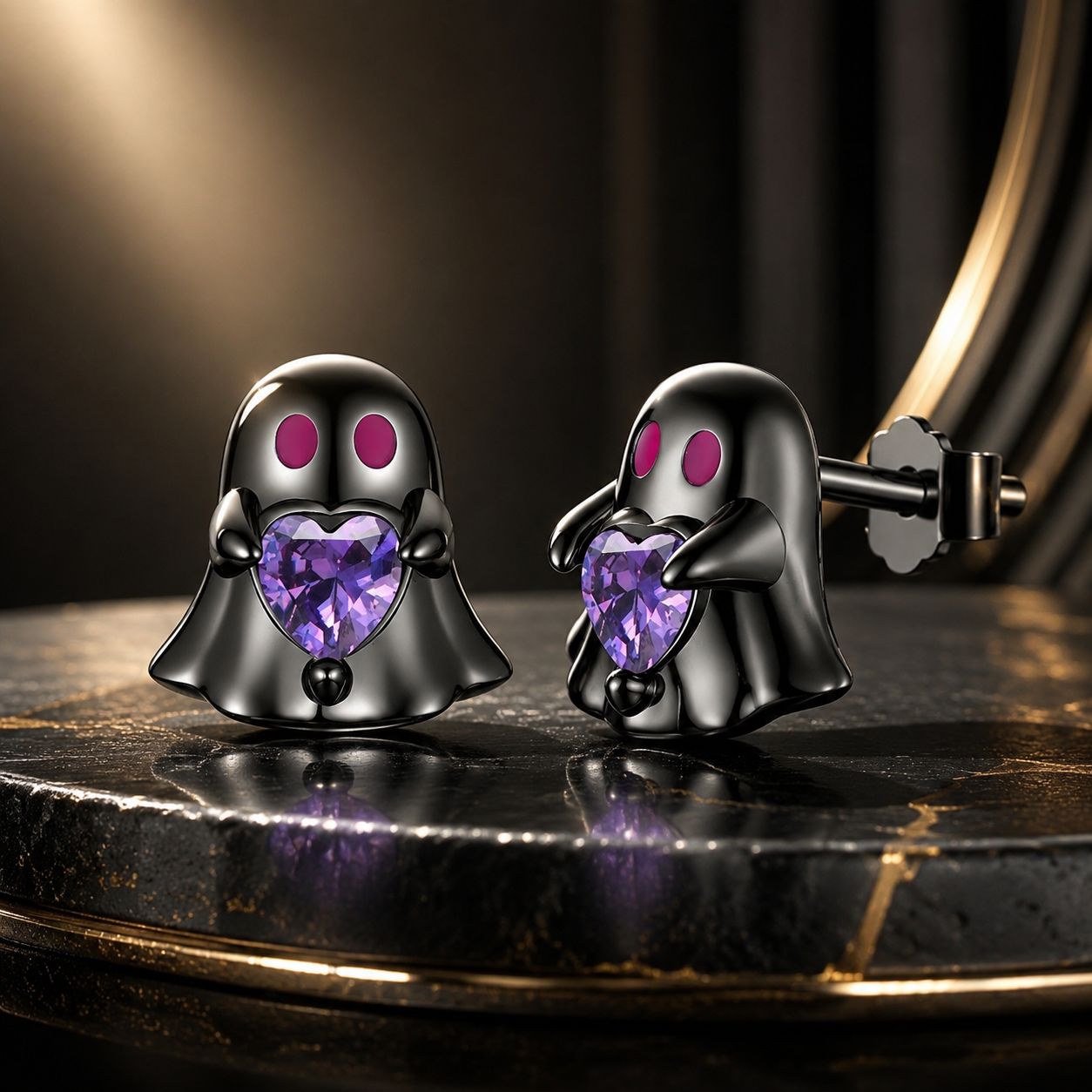 925 Sterling Silver Earrings with Pavé Setting CZ and Enamel Process, Plated Black Gold, 0.8cm