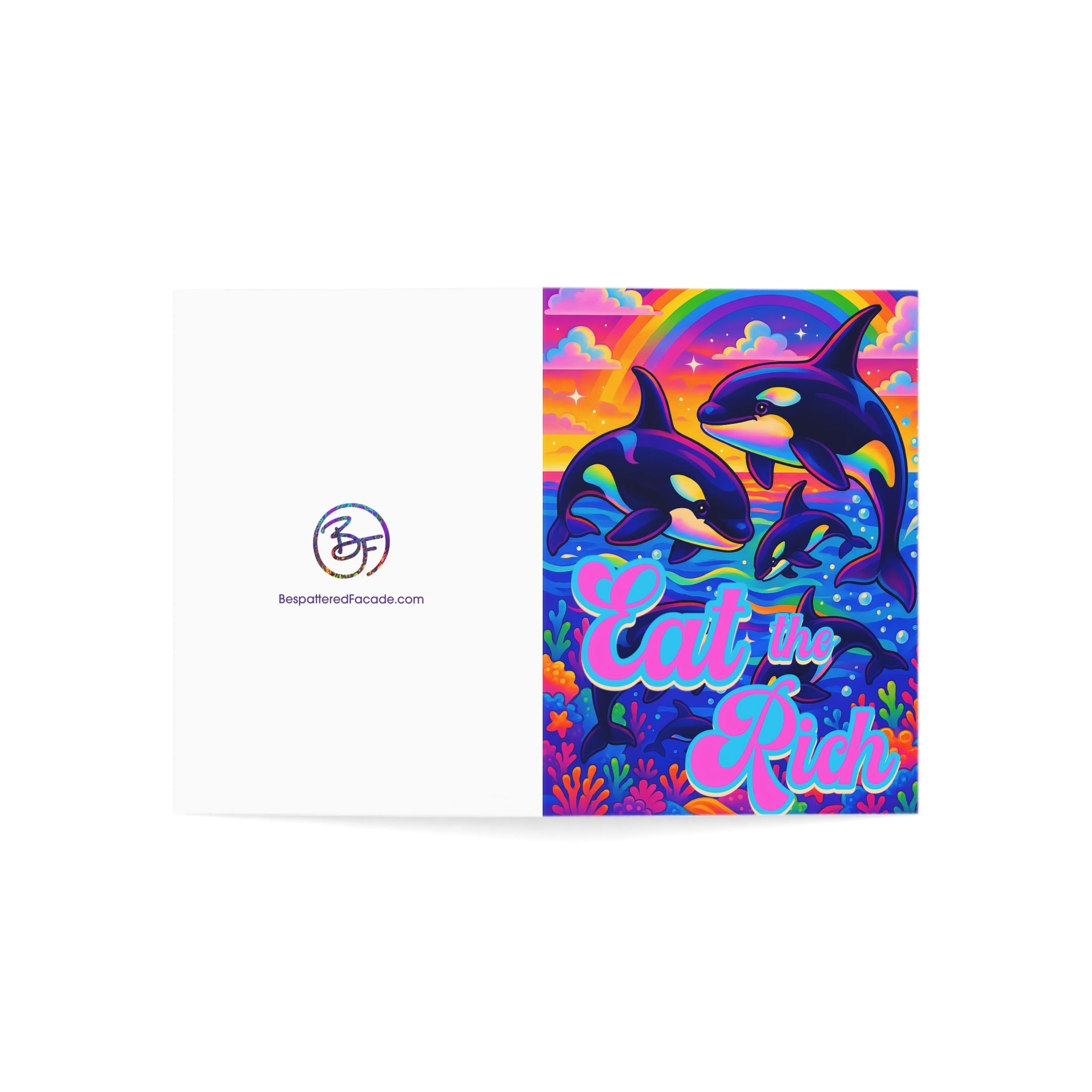 Bespattered Facade "Eat the Rich" Orcas Greeting Cards | Sets of 1, 10, 30, or 50