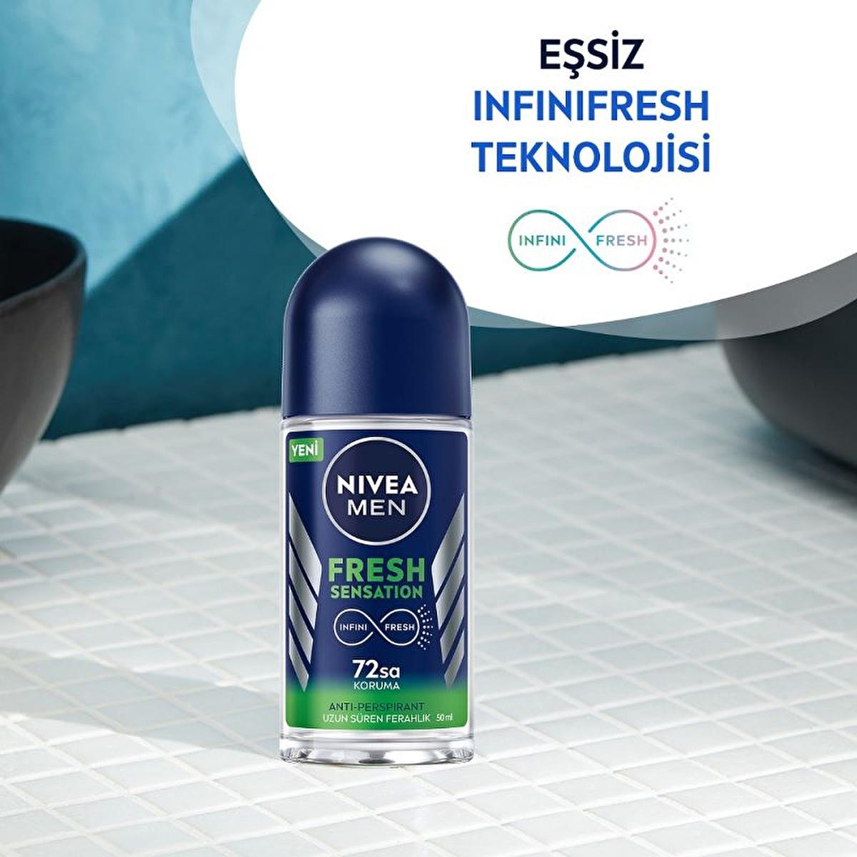 NIVEA Men Fresh Sensation Roll-On Deodorant for Men - 72 Hour Protection, Long Lasting Freshness, Dermatologically Tested, Alcohol Free