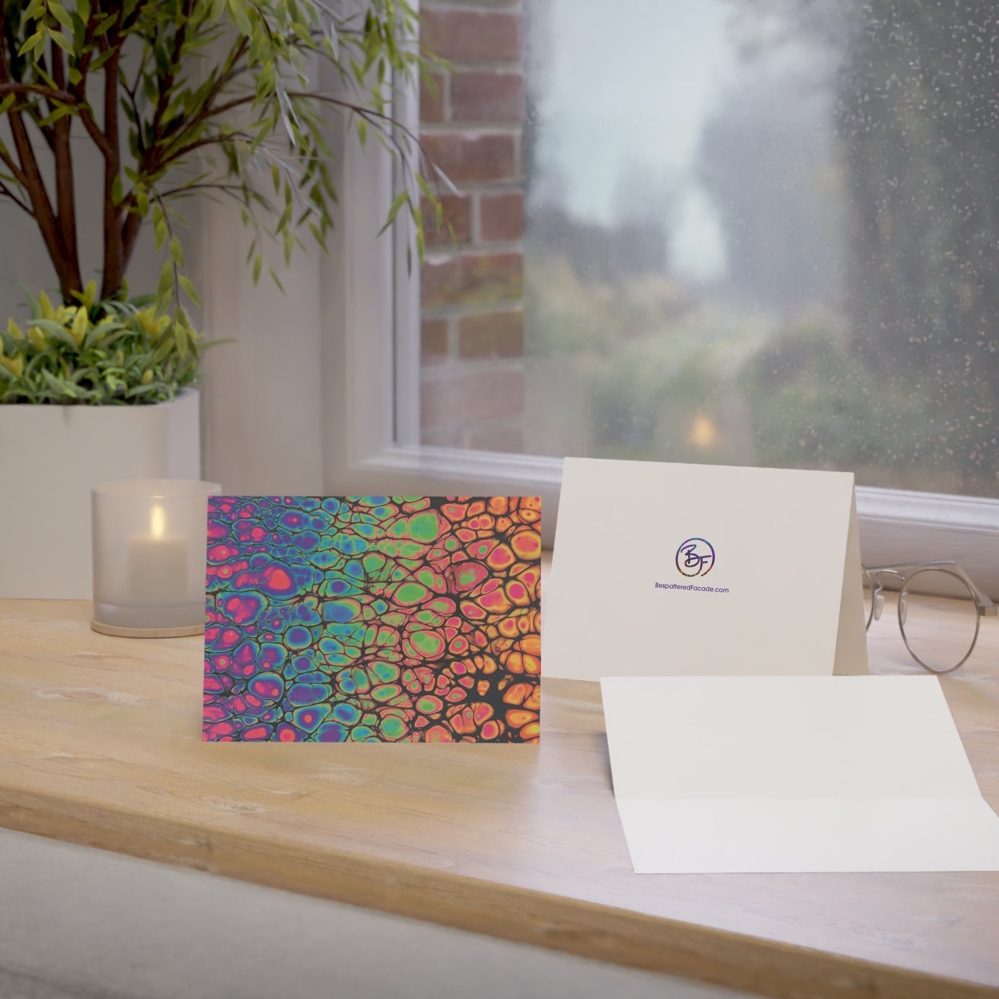 Bespattered Facade Neon Goodness Greeting Cards | Sets of 1, 10, 30, or 50