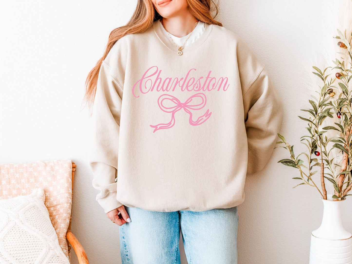 Bash - Bow Sweatshirt, Charleston Sweatshirt, Custom City Shirt: White Text / L / Light Pink