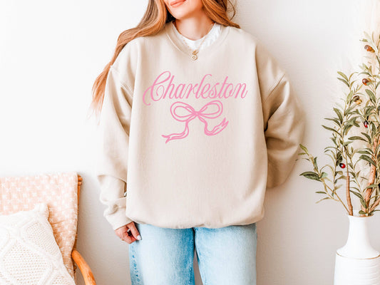 Bash - Bow Sweatshirt, Charleston Sweatshirt, Custom City Shirt: White Text / M / Light Pink