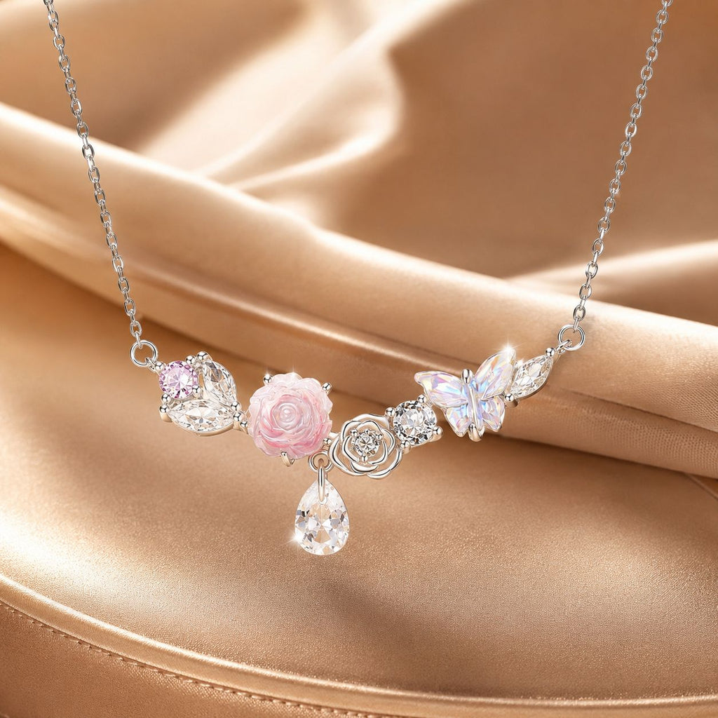 925 Sterling Silver Necklace with CZ & Resin Pendant, 18x39mm, Plated with White Gold