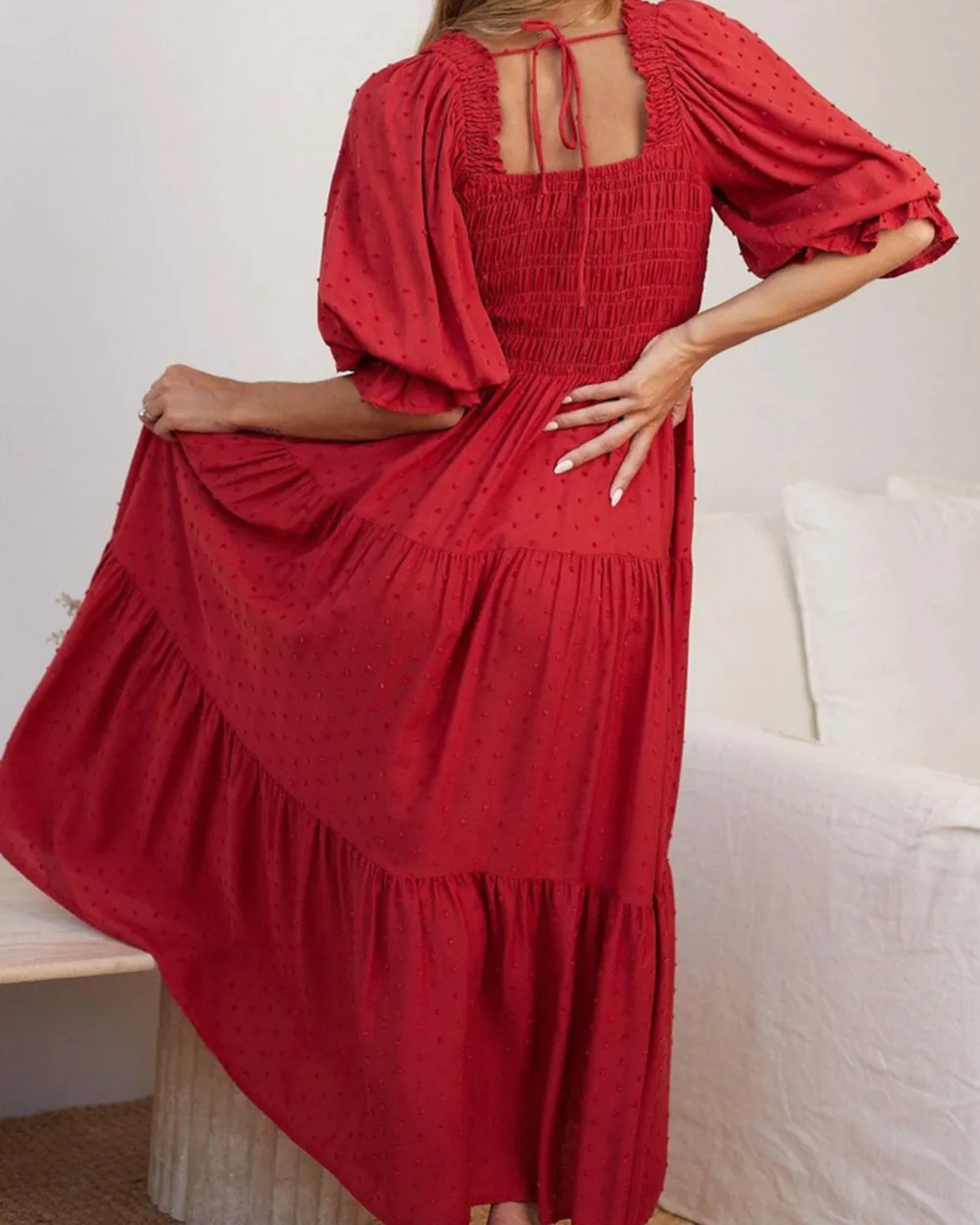 Smocked Swiss Dot Square Neck Dress
