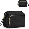 Wide-open Quilted Travel Makeup Organizer Bag with Handle: Black