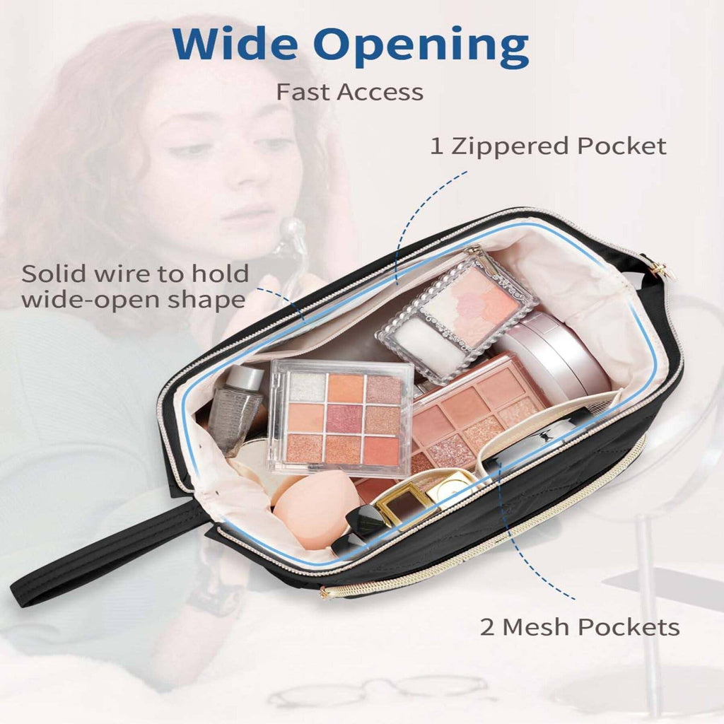 Wide-open Quilted Travel Makeup Organizer Bag with Handle: Black