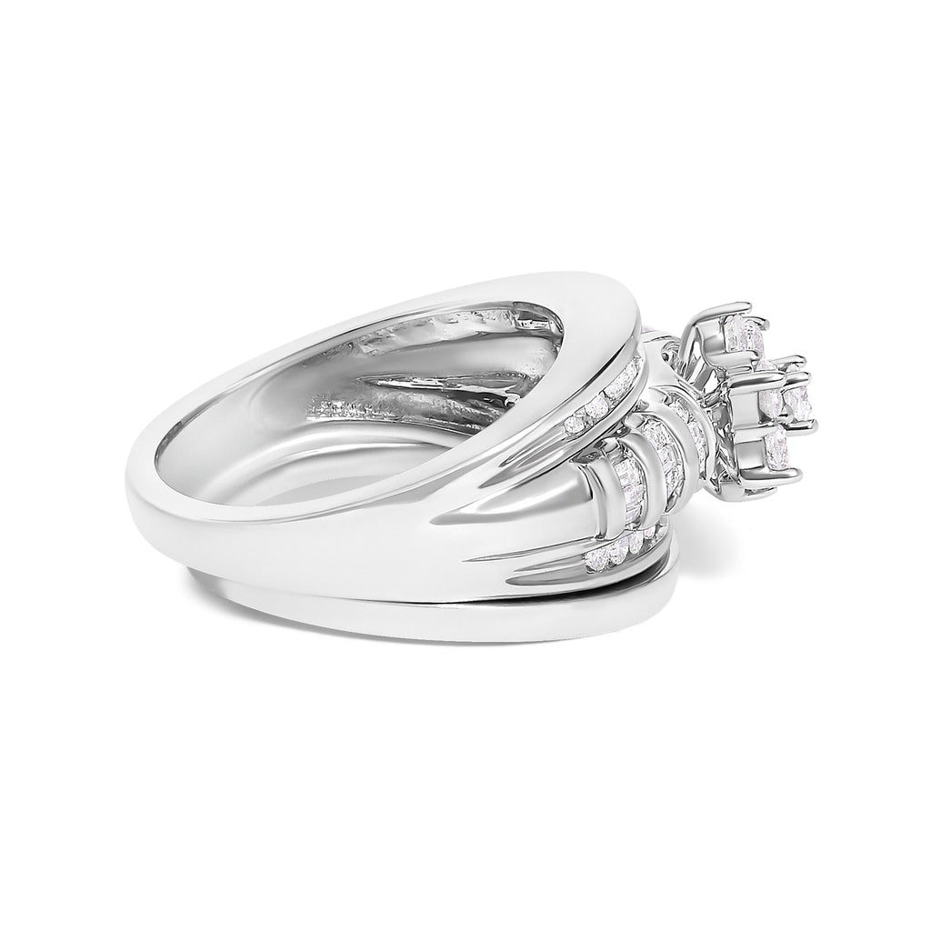 14K White Gold 1.0 Cttw Round and Baguette Diamond Cluster Bridal Set