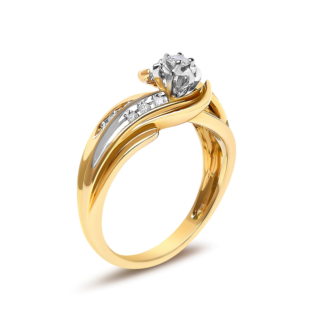 14K Yellow Gold 1/4 Cttw Round Diamond Wave Motif Bypass Ring