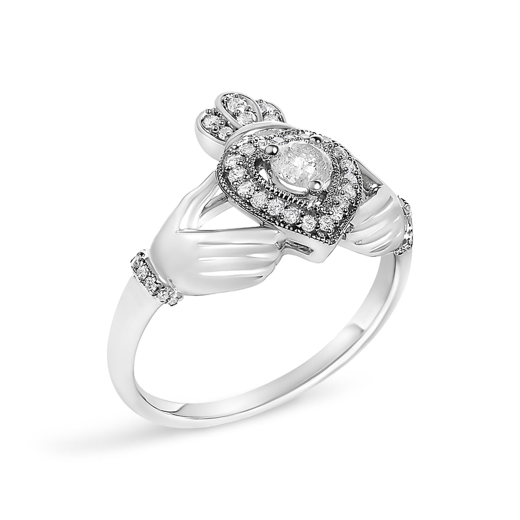 14K White Gold 3/8 Cttw Diamond Claddagh Heart Ring