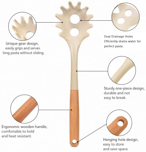 Silicone Pasta Spoon for Spaghetti & Noodles, Wooden Handle, Drain Holes
