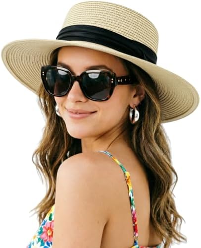 DRESHOW Women Straw Panama Hat Travel Fedora Beach Sun Hat Summer Wide Brim