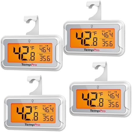 TempPro TempAir Refrigerator Thermometer 4 Pack, Large Backlit LCD Display