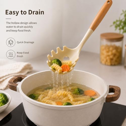 Silicone Pasta Spoon for Spaghetti & Noodles, Wooden Handle, Drain Holes