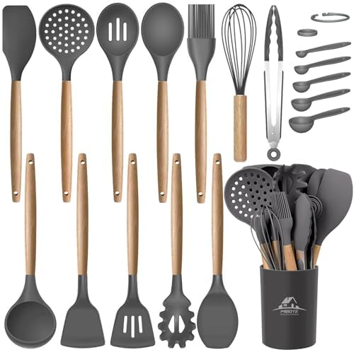 MIBOTE Silicone Cooking Kitchen Utensils Set, Wooden Handle