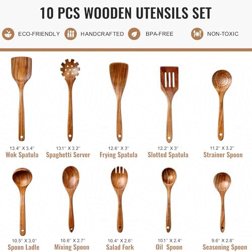 Terlulu 10 Pcs Wooden Spoons for Cooking, Natural Teak Wooden Kitchen Utensils