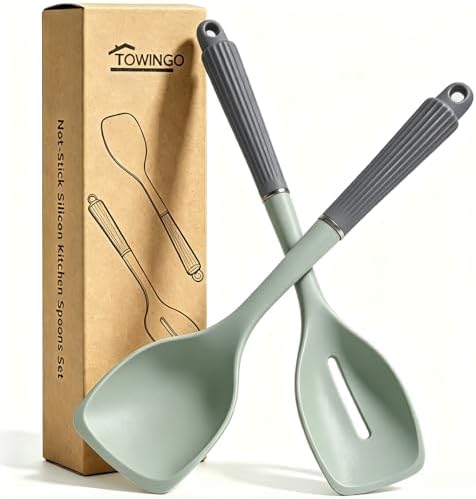 13Inch Silicone Cooking Spoon Spatula, Large Rubber Solid Slotted Spoon Set