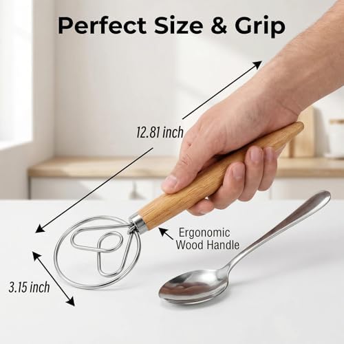 TEEVEA Danish Dough Whisk Wooden Handle Stainless Steel
