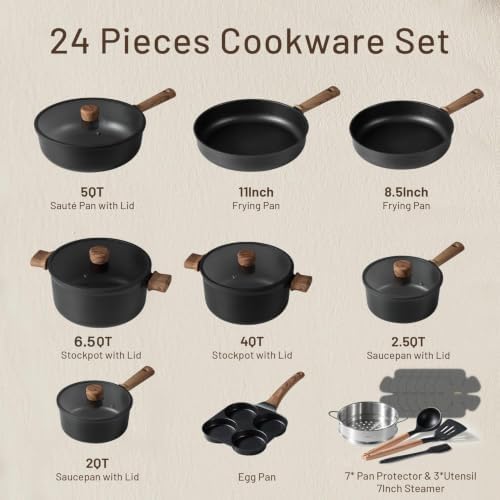 CAROTE 24pcs Nonstick Cookware Sets, Pots and Pans Set
