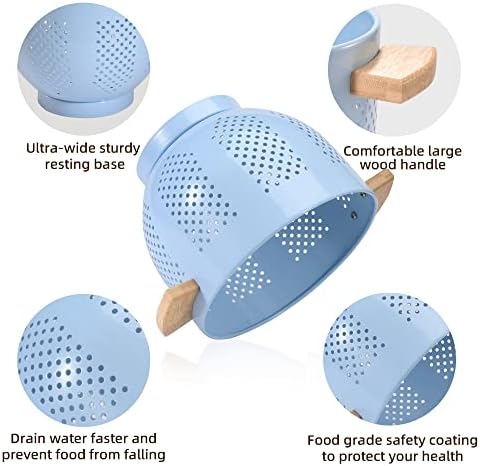 Metal Colander with Wood Handle and Stable Base, Powder Coated Steel Kitchen