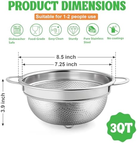P&P CHEF 3 Quart Colander Strainer Stainless Steel Kitchen