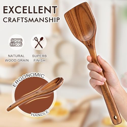 12Pcs Soft Grip Teak Wooden Utensil Set, Durable Spoons