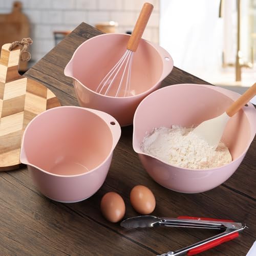 3 Small Mixing Bowls Set with Lids, Pour Spout and TPR Bottom, Plastic Nesting