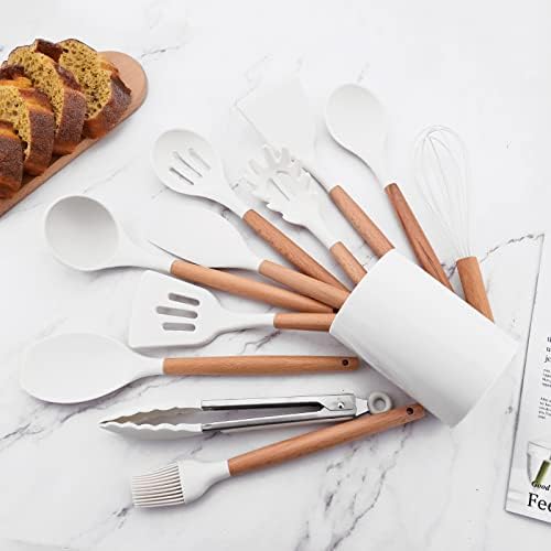 1pc White Silicone Tong with Wooden Handle, Heat Resistant Cooking Utensils