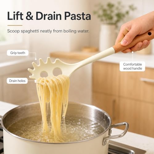 Silicone Pasta Spoon for Spaghetti & Noodles, Wooden Handle, Drain Holes