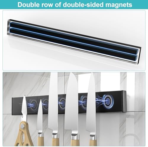 Magnetic Knife Holder With 3 Hooks, 12 Inch Knife Magnetic Strip No Drilling
