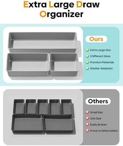 10 Pack Large Size Plastic Drawer Organizers Set, 3 Sizes Desk Drawer Organizer