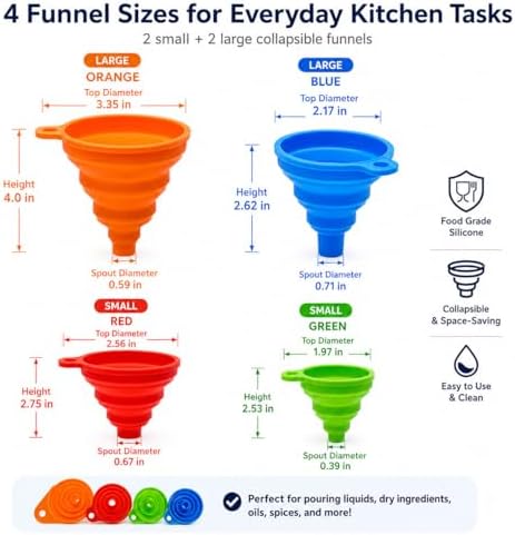 Collapsible Silicone Kitchen Funnels, 4 Pack Food Grade Foldable Funnel Set