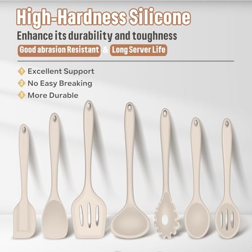E-far Silicone Cooking Utensils Set, 7-Piece Khaki Heat Resistant Kitchen