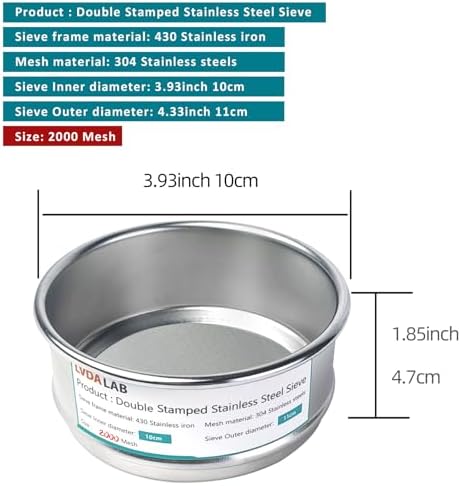 4" 304 Stainless Steel Lab Sieve, 2000 Mesh Screen Sifter