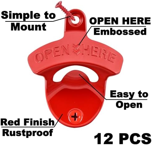 12 PCS Red Beer Bottle Cap Opener Wall Mounted Bulk, Stainless Caddy Mount Soda