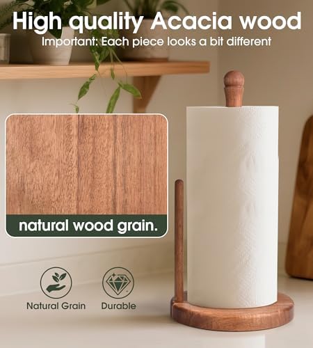 Farmhouse Acacia Wood Paper Towel Holder Countertop, Weighted Base