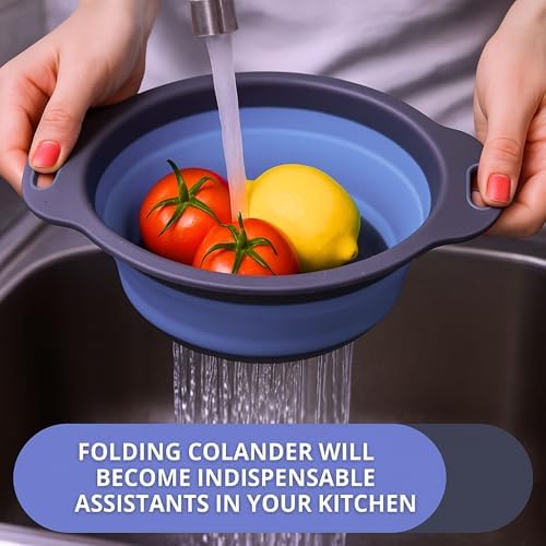 Blue Round Silicone Collapsible Colander – Silicone Round Kitchen Strainers