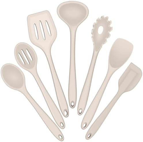E-far Silicone Cooking Utensils Set, 7-Piece Khaki Heat Resistant Kitchen