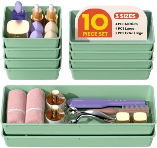 10 Pack Large Size Plastic Drawer Organizers Set, 3 Sizes Desk Drawer Organizer