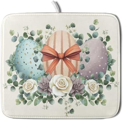 Happy Easter Eggs Dish Drying Mat 16x18 Inch Easter Day Eggs Flowers Dishes Pad
