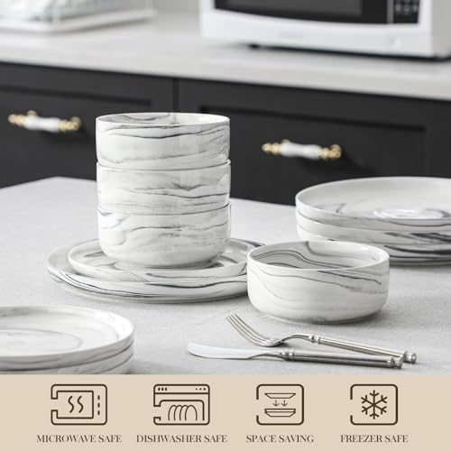 MALACASA 12 Pcs Porcelain Plates and Bowls Sets, Dinnerware Set
