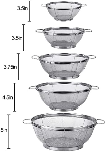 5 Pack 18/8 Stainless Steel Colander Sieves, Rinse or Steam