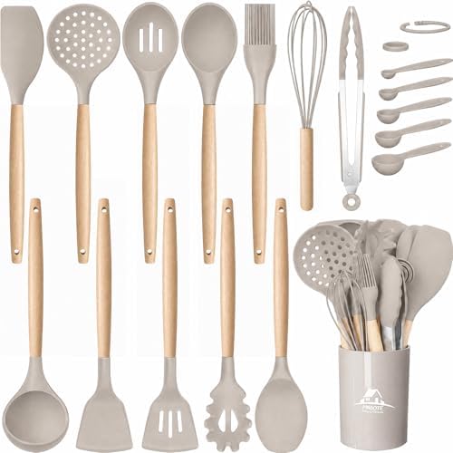 MIBOTE Silicone Cooking Kitchen Utensils Set, Wooden Handle