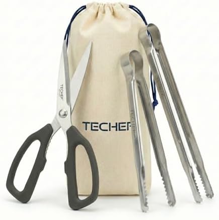 TECHEF Kitchen Shears With 2 Stainless Steel Tongs & Travel Bag, Dishwasher Safe