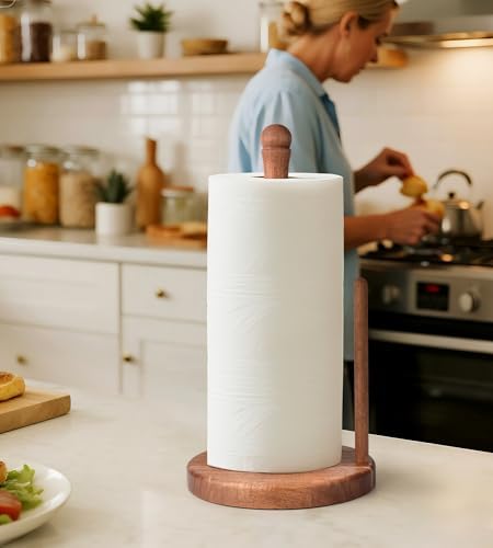 Farmhouse Acacia Wood Paper Towel Holder Countertop, Weighted Base