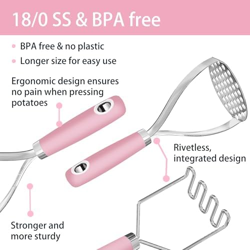 18/0 Stainless Steel Pink Potato Mashers, 10.7-in Kitchen Masher Tool