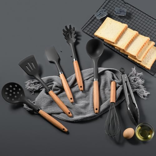 1-piece Skimmer Silicone Kitchen Utensils Sturdy Thickened Wooden Handle